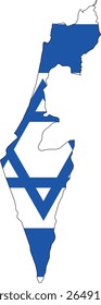 Vector map silhouette of Israel filled with Israeli flag colors, featuring the Star of David and symbolizing national identity and unity

