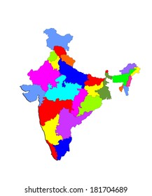 Vector map silhouette of the Republic of India with the states colored. India vector map silhouette, high detailed illustration, isolated on white background.  India map with separated province states