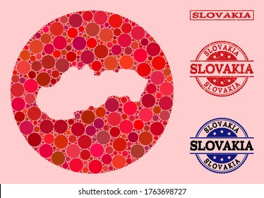 Vector map of Slovakia collage of spheric elements and red grunge stamp. Subtraction circle map of Slovakia collage composed with circles in variable sizes, and red color tinges.