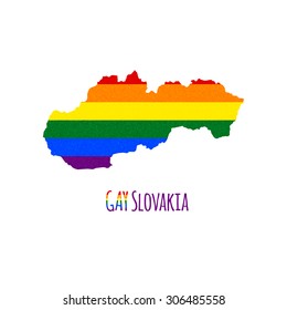 Vector map of Slovakia in LGBT (lesbian, gay, bisexual, and transgender) flag colors and GAY Slovakia caption on white background. Rainbow flag with denim textile texture.