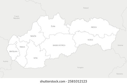 Vector map of Slovakia or Slovak Republic with regions and administrative divisions, and neighbouring countries and territories. Editable and clearly labeled layers.