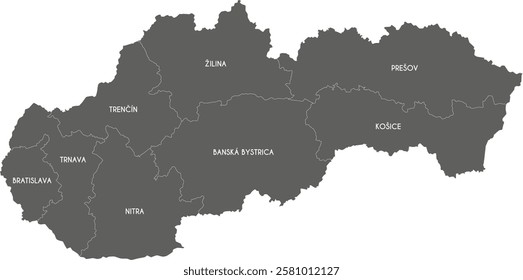 Vector map of Slovakia or Slovak Republic with regions or territories and administrative divisions. Editable and clearly labeled layers.