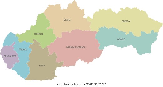 Vector map of Slovakia or Slovak Republic with regions or territories and administrative divisions. Editable and clearly labeled layers.