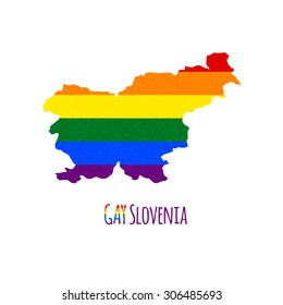 Vector map of Slovenia in LGBT (lesbian, gay, bisexual, and transgender) flag colors and GAY Slovenia caption on white background. Rainbow flag with denim textile texture.