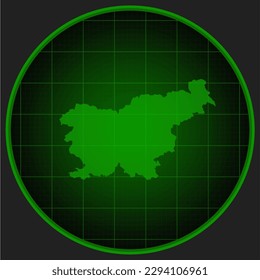 Vector map Slovenia on the radar screen with a green grid. Template Europe country on monitor radar for pattern, report, background. Technology concept boundary Slovenia for news, infographic, army