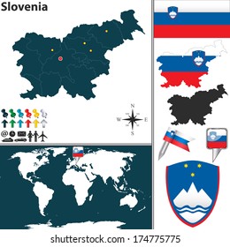 Vector map of Slovenia with regions, coat of arms and location on world map
