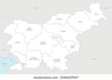 Mapa de Vector de Eslovenia con regiones estadísticas y divisiones administrativas, y países y territorios vecinos. Capas editables y claramente etiquetadas.