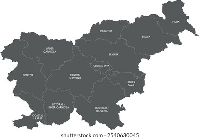 Mapa de Vector de Eslovenia con regiones o territorios estadísticos y divisiones administrativas. Capas editables y claramente etiquetadas.