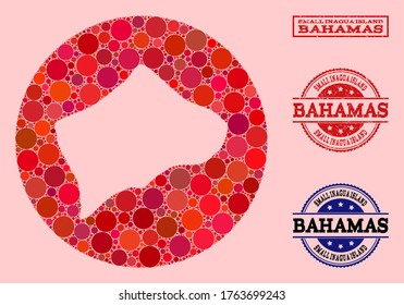 Vector map of Small Inagua Island mosaic of round dots and red watermark stamp. Hole round map of Small Inagua Island collage composed with circles in different sizes, and red color tints.