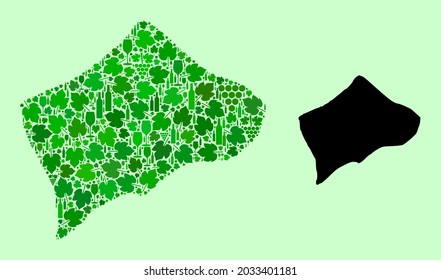 Vector Map of Small Inagua Island. Mosaic of green grape leaves, wine bottles. Map of Small Inagua Island mosaic formed from bottles, grapes, green leaves.