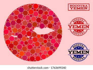 Vector map of Socotra Archipelago collage of circle elements and red grunge seal. Hole circle map of Socotra Archipelago collage formed with circles in various sizes, and red color tones.