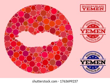 Mapa vectorial del collage de manchas redondas en la isla de Socotra y estampado rayado rojo. Mapa circular de esténcil del collage de la isla de Socotra diseñado con círculos de tamaños variables y tintos de color rojo.