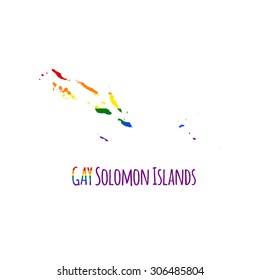 Vector map of Solomon Islands in LGBT (lesbian, gay, bisexual, and transgender) flag colors and GAY Solomon Islands caption on white background. Rainbow flag with denim textile texture.