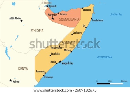 Vector Map of Somalia and Somaliland with Major Cities and Neighboring Countries – Editable Illustration