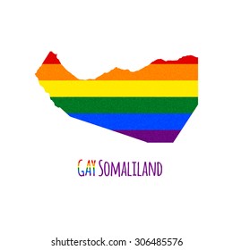 Vector map of Somaliland in LGBT (lesbian, gay, bisexual, and transgender) flag colors and GAY Somaliland caption on white background. Rainbow flag with denim textile texture.