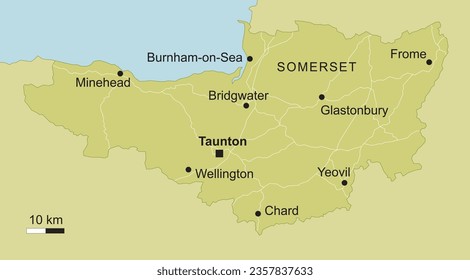 vector map of Somerset in South West England, United Kingdom with important cities and roads geography cartography blue green