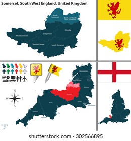 Vector map of Somerset in South West England, United Kingdom with regions and flags