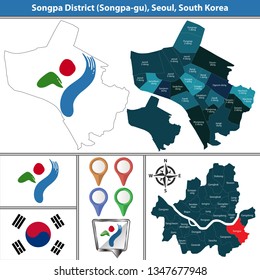 Vector Map Of Songpa District Or Gu Of Seoul Metropolitan City In South Korea With Flags And Icons