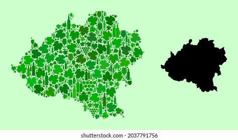 Vector Map of Soria Province. Collage of green grapes, wine bottles. Map of Soria Province collage composed from bottles, grapes, green leaves. Abstract collage is useful for advertising doctrines.