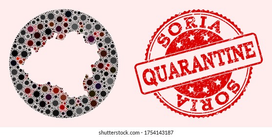 Mapa vectorial del mosaico de coronavirus de la provincia de Soria y del sello de cuarentena de grunge rojo. Células de infección alrededor del territorio de cuarentena desde el espacio.