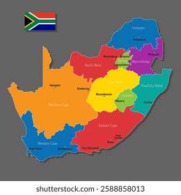 Vector map of South Africa with names of cities and with borders city