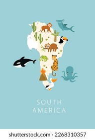 Vector map of South America with animals. Cartoon animals. Jaguar, monkey, pelican, toucan, llama, alpaca, sloth. Poster for children. Education for preschoolers.