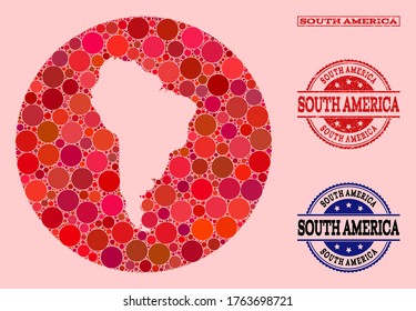 Vector map of South America collage of round dots and red grunge seal stamp. Stencil round map of South America collage formed with circles in different sizes, and red color tones.