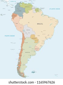 Vector map of South America Continent with Countries, Capitals, Main Cities and Seas and islands names in classic soft colors.