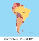 Vector map of South America with countries. Map of South America with country names.