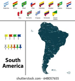 Vector map of South America with countries, big cities and icons