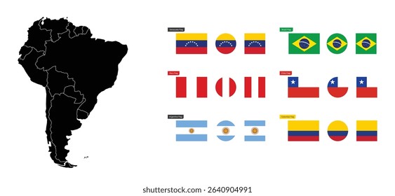 
Vector Map of South America with Editable Countries and Flags – Brazil, Argentina, Chile, Venezuela, Colombia, Peru. 