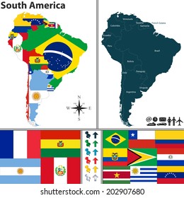 Vector map of South America with flags and location on world map