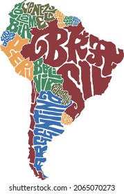 Vector map of South America made with letterings of countries names in portuguese