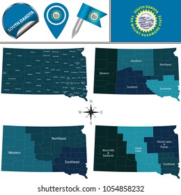 Vector map of South Dakota with named regions and travel icons