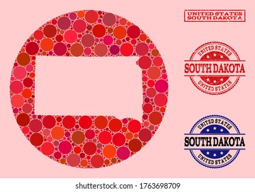 Mapa vectorial del collage de elementos circulares y sellos de caucho rojos del estado de Dakota del Sur. Mapa circular de esténcil del collage del estado de Dakota del Sur creado con círculos de varios tamaños y tintes de color rojo.