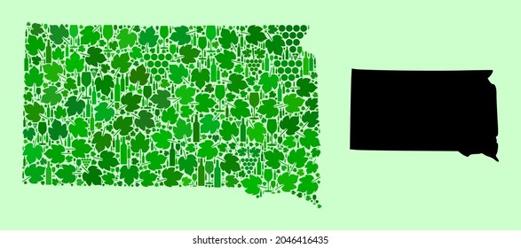 Mapa de vectores del estado de Dakota del Sur. Mosaico de uvas verdes, botellas de vino. Mapa del mosaico del estado de Dakota del Sur compuesto de botellas, uvas, hojas verdes.
