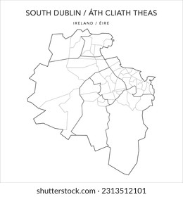 Mapa vectorial del condado de Dublín del Sur (Áth Cliath Theas) con las fronteras administrativas del condado, distritos, áreas electorales locales y divisiones electorales de 2018 a 2023 - República de Irlanda