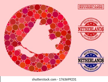 Vector map of South Holland collage of circle elements and red scratched stamp. Stencil circle map of South Holland collage composed with circles in different sizes, and red color tinges.