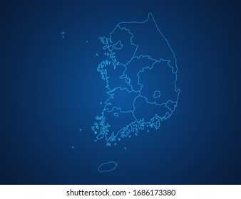 Mapa vectorial de la línea azul abstracta de Corea del Sur escala sobre fondo oscuro.