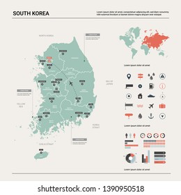 Vector map of South Korea. High detailed country map with division, cities and capital Seoul. Political map,  world map, infographic elements.  