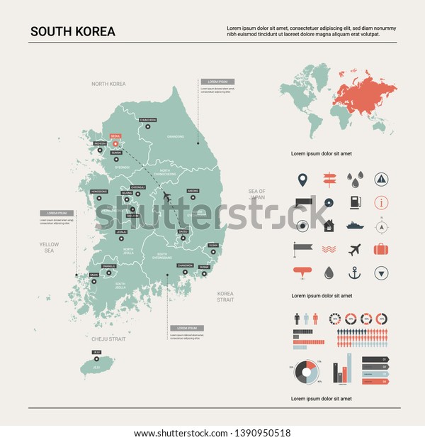 Vector map of South Korea. High detailed country map\
with division, cities and capital Seoul. Political map,  world map,\
infographic elements.  