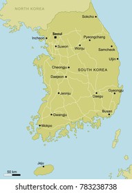 vector map of South Korea with important cities and roads country Pyeongchang geography cartography
