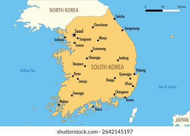 Vector Map of South Korea with Major Cities and Neighboring Countries – Editable Illustration