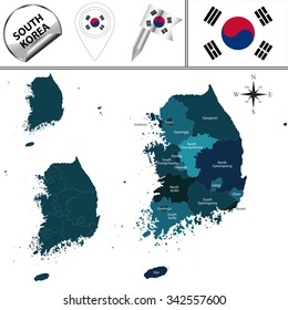 Vector map of South Korea with named divisions and travel icons