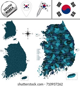 Südkoreanische Vektorkarte mit Namen und Reisesymbole