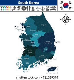 Vector map of South Korea with named counties  and travel icons