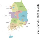 Vector map of South Korea with provinces, metropolitan cities and administrative divisions. Editable and clearly labeled layers.