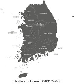 Mapa vectorial de Corea del Sur con provincias, ciudades metropolitanas y divisiones administrativas. capas editables y claramente etiquetadas.