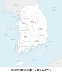 Vector map of South Korea with provinces, metropolitan cities and administrative divisions, and neighbouring countries. Editable and clearly labeled layers.