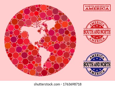 Mapa vectorial del collage de objetos esféricos y estampado de grunge rojo en América del Sur y del Norte. Mapa circular de esténcil del collage de América del Sur y del Norte creado con círculos de tamaños variables y tonos de color rojo.